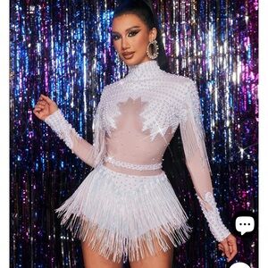 White Fringe Beaded Bodysuit